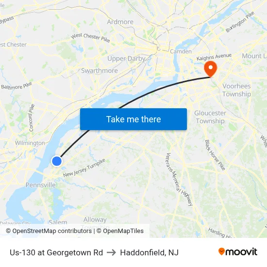 Us-130 at Georgetown Rd to Haddonfield, NJ map