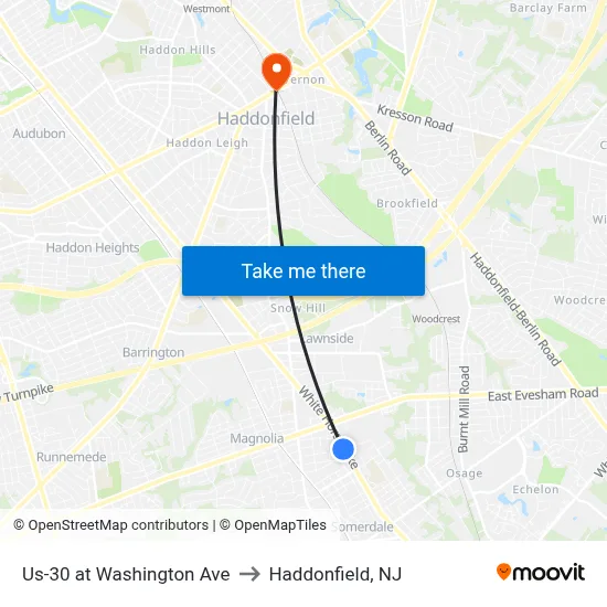 Us-30 at Washington Ave to Haddonfield, NJ map