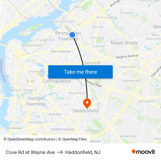 Cove Rd at Wayne Ave to Haddonfield, NJ map