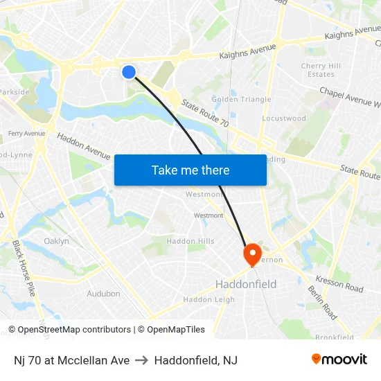 Nj 70 at Mcclellan Ave to Haddonfield, NJ map