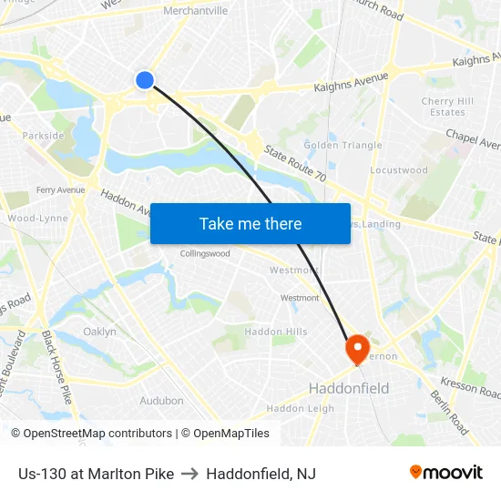 Us-130 at Marlton Pike to Haddonfield, NJ map