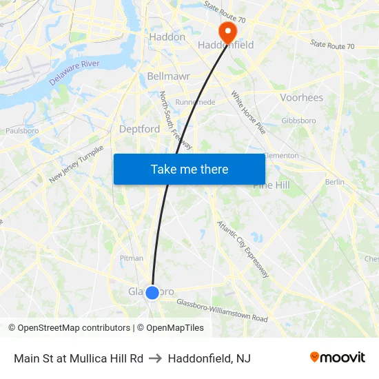 Main St at Mullica Hill Rd to Haddonfield, NJ map