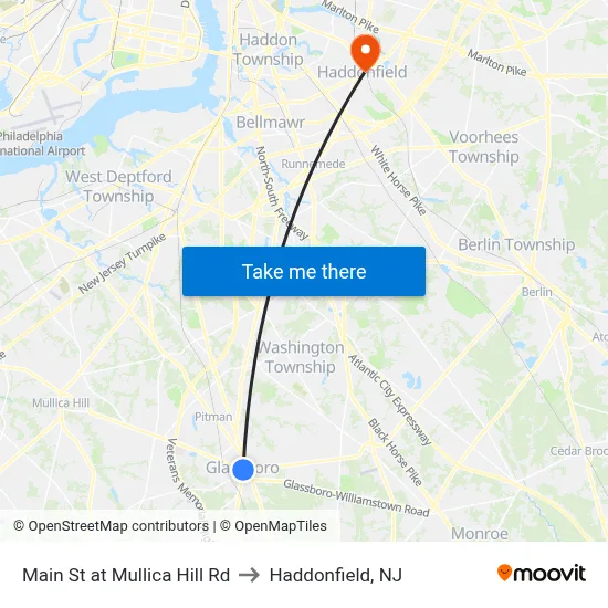 Main St at Mullica Hill Rd to Haddonfield, NJ map