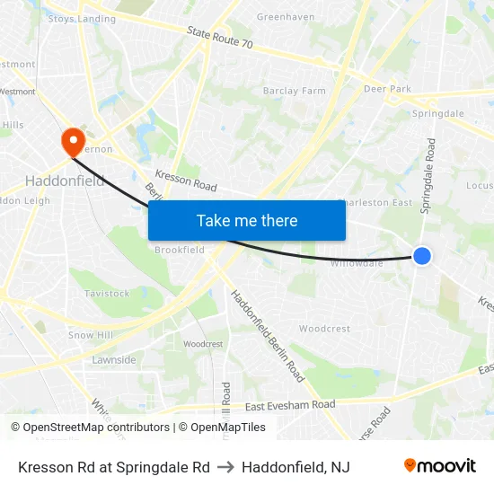 Kresson Rd at Springdale Rd to Haddonfield, NJ map