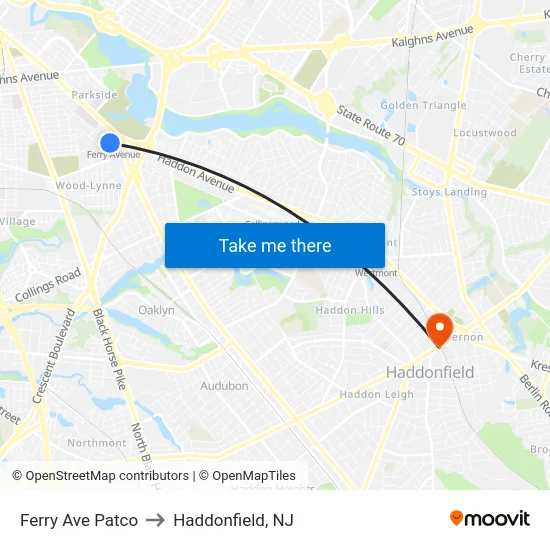 Ferry Ave Patco to Haddonfield, NJ map