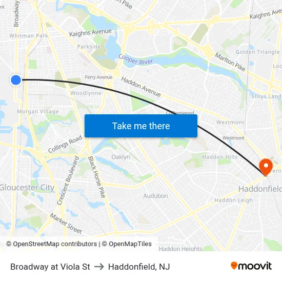 Broadway at Viola St to Haddonfield, NJ map