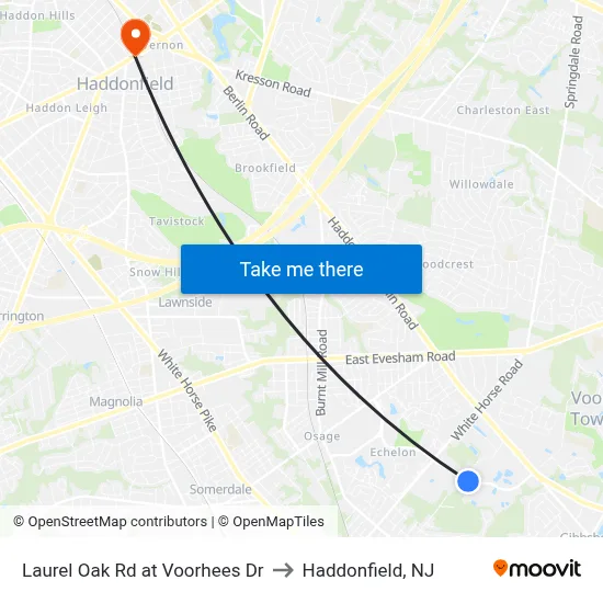 Laurel Oak Rd at Voorhees Dr to Haddonfield, NJ map