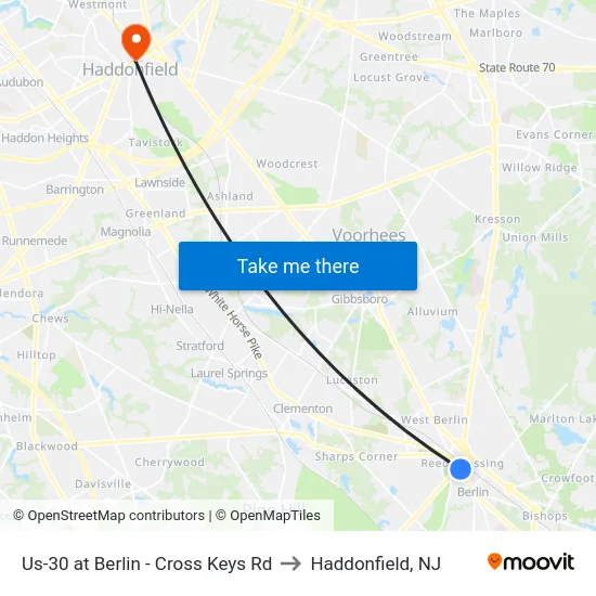 Us-30 at Berlin - Cross Keys Rd to Haddonfield, NJ map