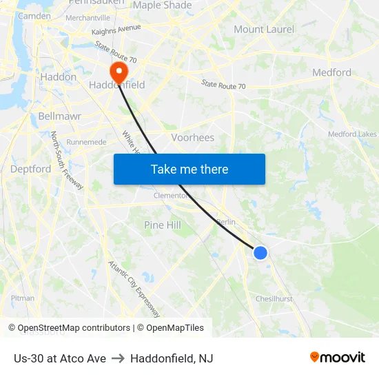 Us-30 at Atco Ave to Haddonfield, NJ map