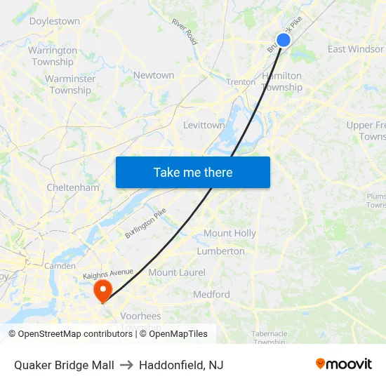 Quaker Bridge Mall to Haddonfield, NJ map