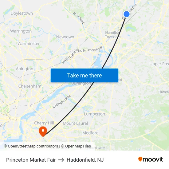 Princeton Market Fair to Haddonfield, NJ map