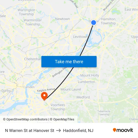 N Warren St at Hanover St to Haddonfield, NJ map