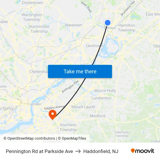 Pennington Rd at Parkside Ave to Haddonfield, NJ map