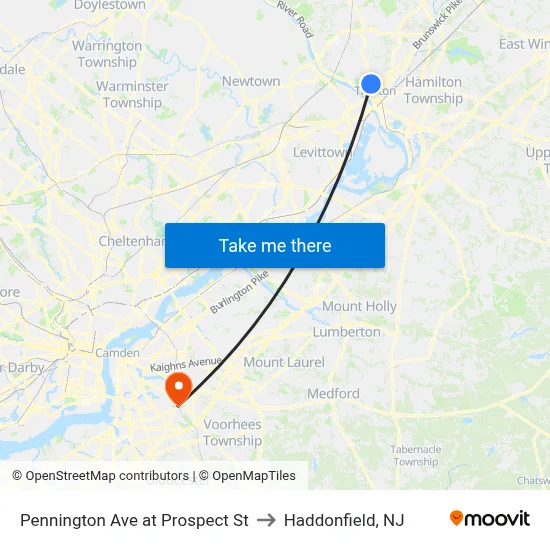 Pennington Ave at Prospect St to Haddonfield, NJ map
