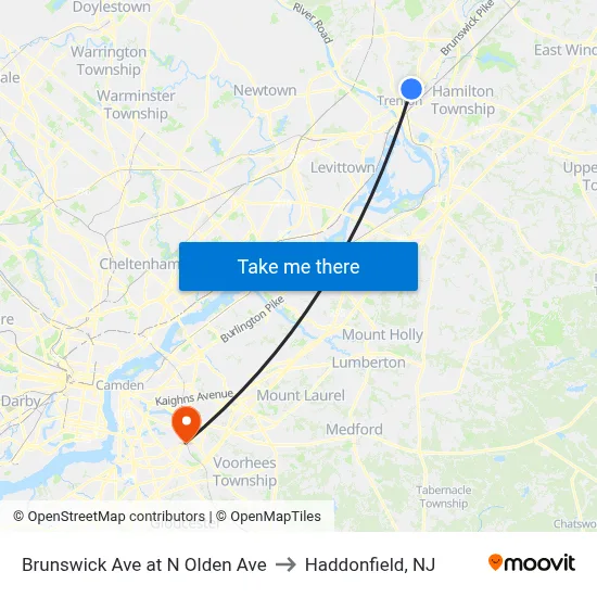 Brunswick Ave at N Olden Ave to Haddonfield, NJ map