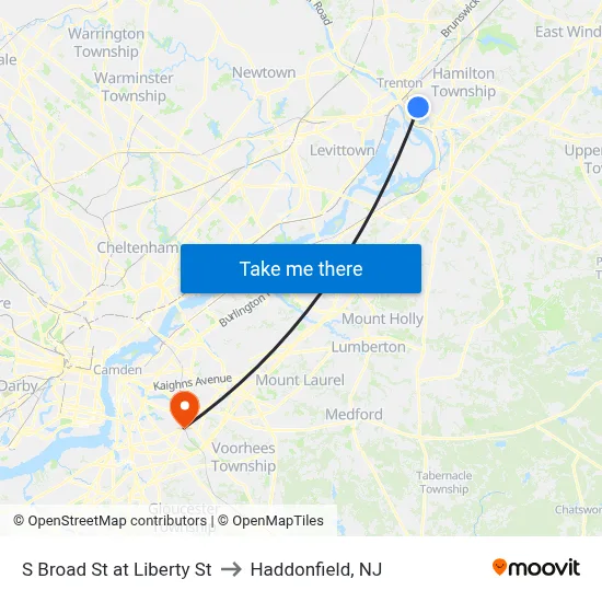 S Broad St at Liberty St to Haddonfield, NJ map
