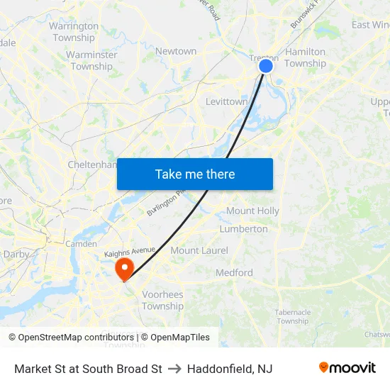 Market St at South Broad St to Haddonfield, NJ map