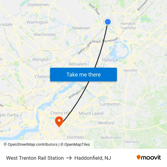 West Trenton Rail Station to Haddonfield, NJ map