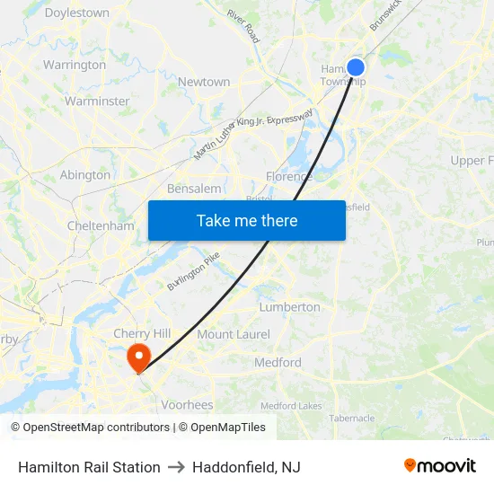 Hamilton Rail Station to Haddonfield, NJ map