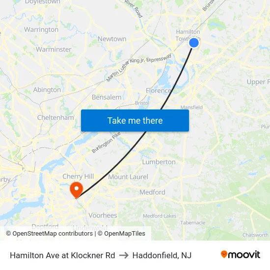 Hamilton Ave at Klockner Rd to Haddonfield, NJ map
