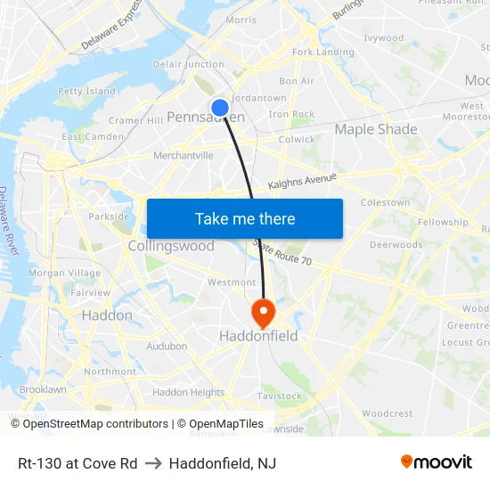 Rt-130 at Cove Rd to Haddonfield, NJ map
