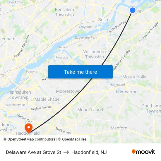 Delaware Ave at Grove St to Haddonfield, NJ map