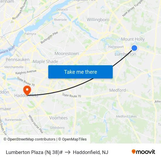 Lumberton Plaza (Nj 38)# to Haddonfield, NJ map
