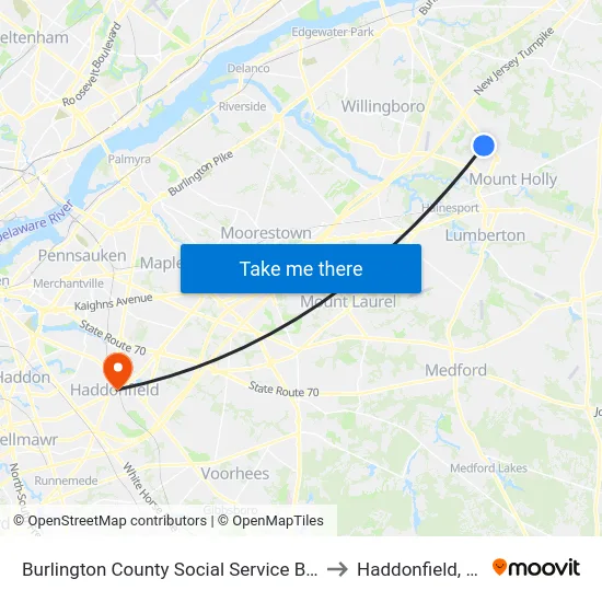 Burlington County Social Service Bldg to Haddonfield, NJ map