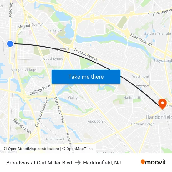 Broadway at Carl Miller Blvd to Haddonfield, NJ map
