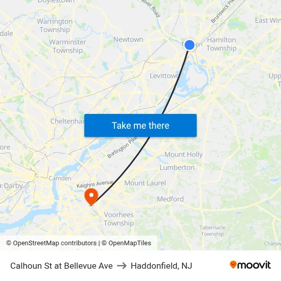 Calhoun St at Bellevue Ave to Haddonfield, NJ map