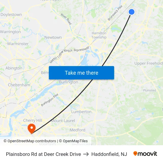 Plainsboro Rd at Deer Creek Drive to Haddonfield, NJ map