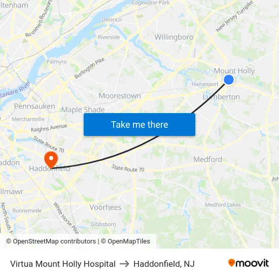 Virtua Mount Holly Hospital to Haddonfield, NJ map