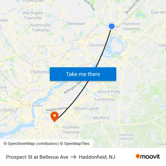 Prospect St at Bellevue Ave to Haddonfield, NJ map