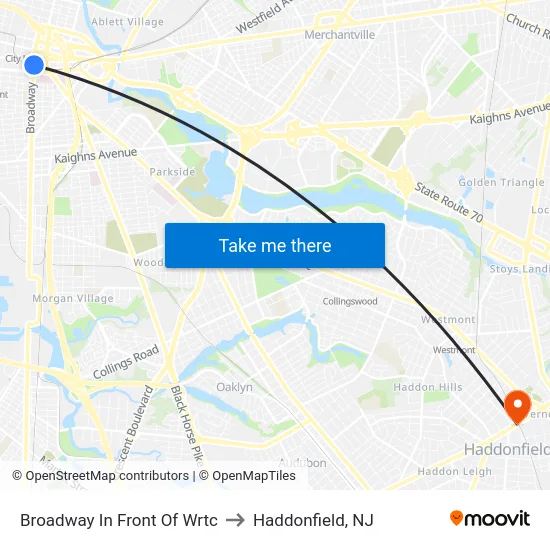 Broadway In Front Of Wrtc to Haddonfield, NJ map