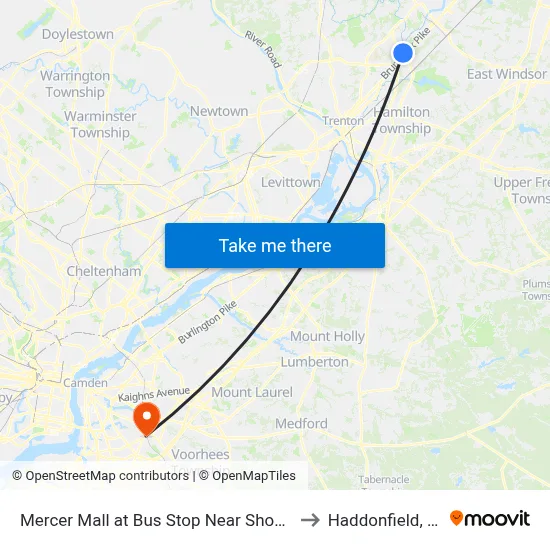 Mercer Mall at Bus Stop Near Shoprite to Haddonfield, NJ map