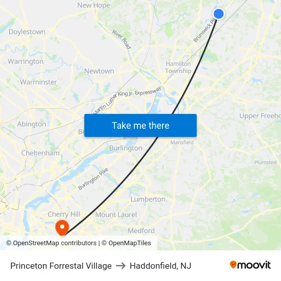 Princeton Forrestal Village to Haddonfield, NJ map