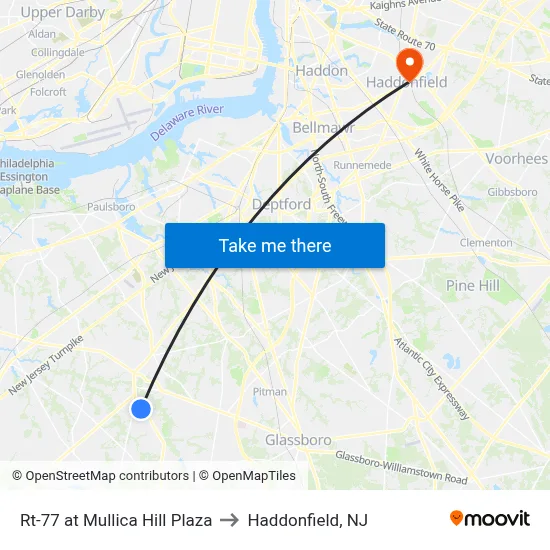 Rt-77 at Mullica Hill Plaza to Haddonfield, NJ map