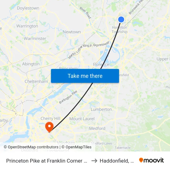 Princeton Pike at Franklin Corner Rd to Haddonfield, NJ map
