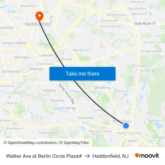 Walker Ave at Berlin Circle Plaza# to Haddonfield, NJ map