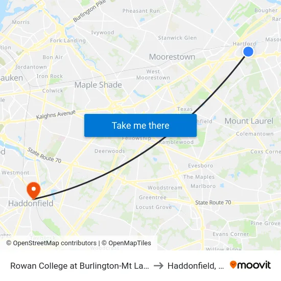 Rowan College at Burlington-Mt Laurel to Haddonfield, NJ map