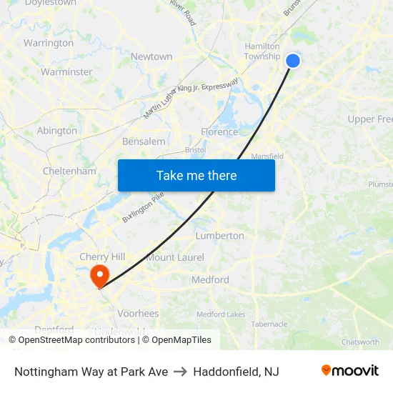 Nottingham Way at Park Ave to Haddonfield, NJ map