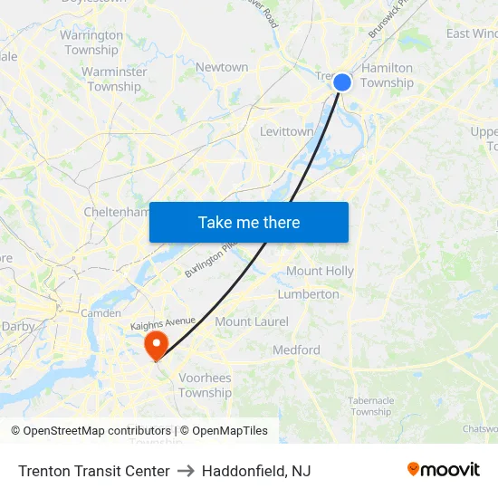 Trenton Transit Center to Haddonfield, NJ map