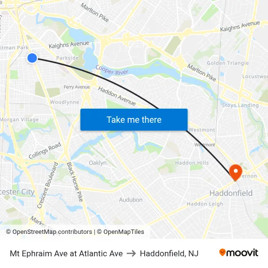 Mt Ephraim Ave at Atlantic Ave to Haddonfield, NJ map