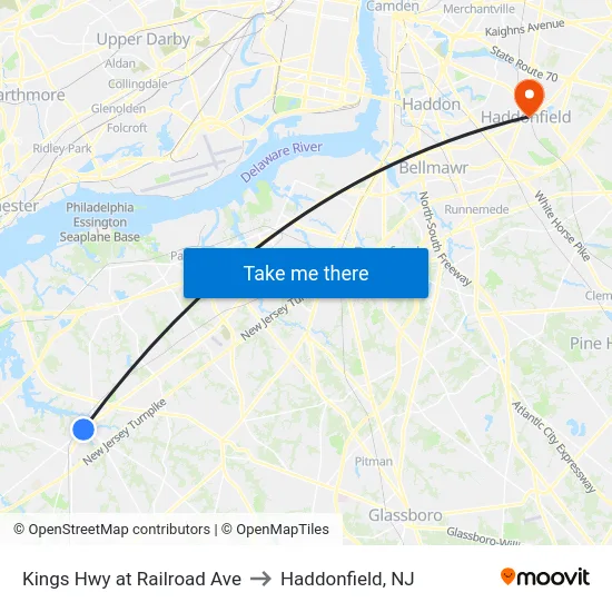Kings Hwy at Railroad Ave to Haddonfield, NJ map