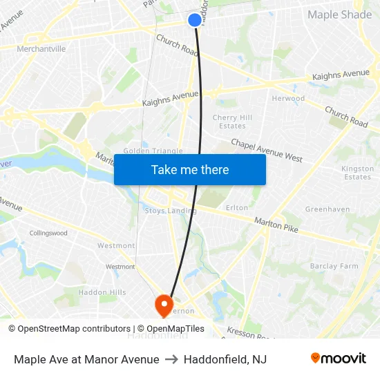 Maple Ave at Manor Avenue to Haddonfield, NJ map