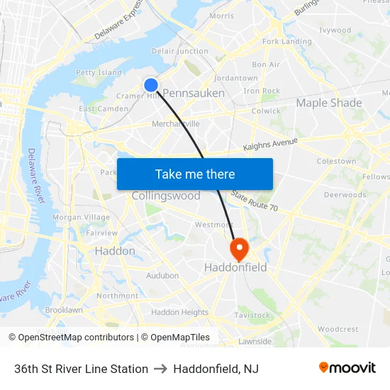 36th St River Line Station to Haddonfield, NJ map