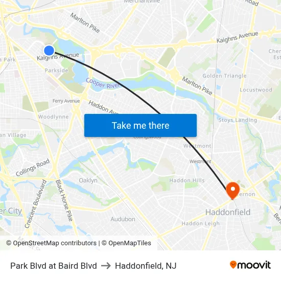 Park Blvd at Baird Blvd to Haddonfield, NJ map