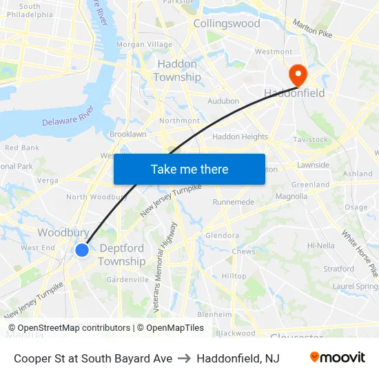 Cooper St at South Bayard Ave to Haddonfield, NJ map