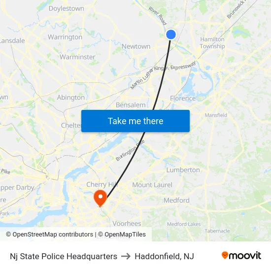 Nj State Police Headquarters to Haddonfield, NJ map