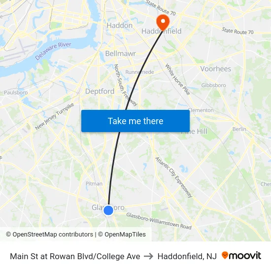 Main St at Rowan Blvd/College Ave to Haddonfield, NJ map